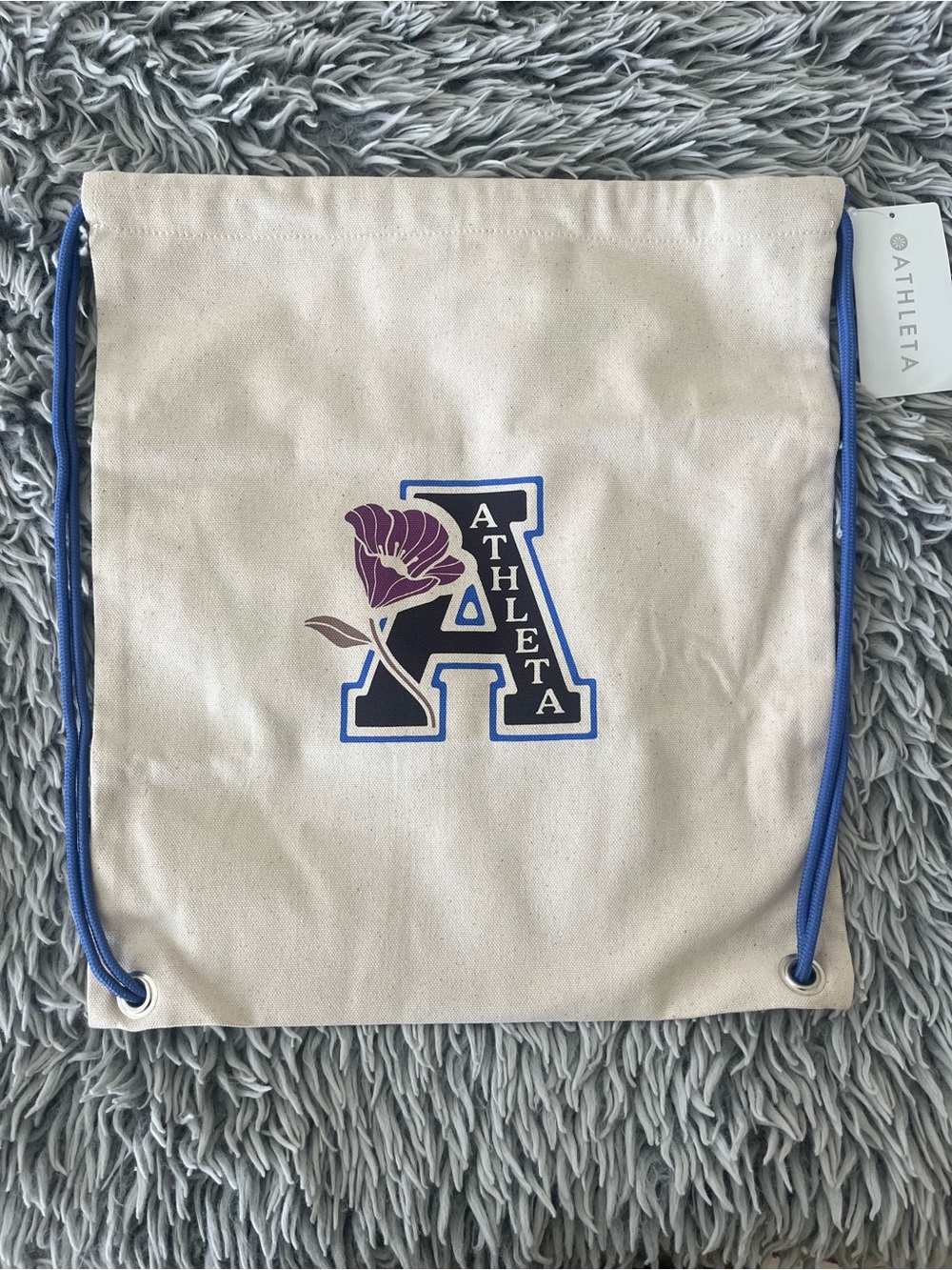 Athleta Canvas Drawstring Backpack in Natural with Blue Trim 100% Cotton Girls